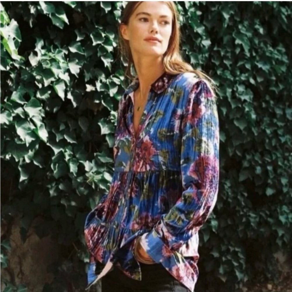 Anthropologie Blue Multi Floral Velvet Tiered Button-Up Tunic NWT - Picture 2 of 10